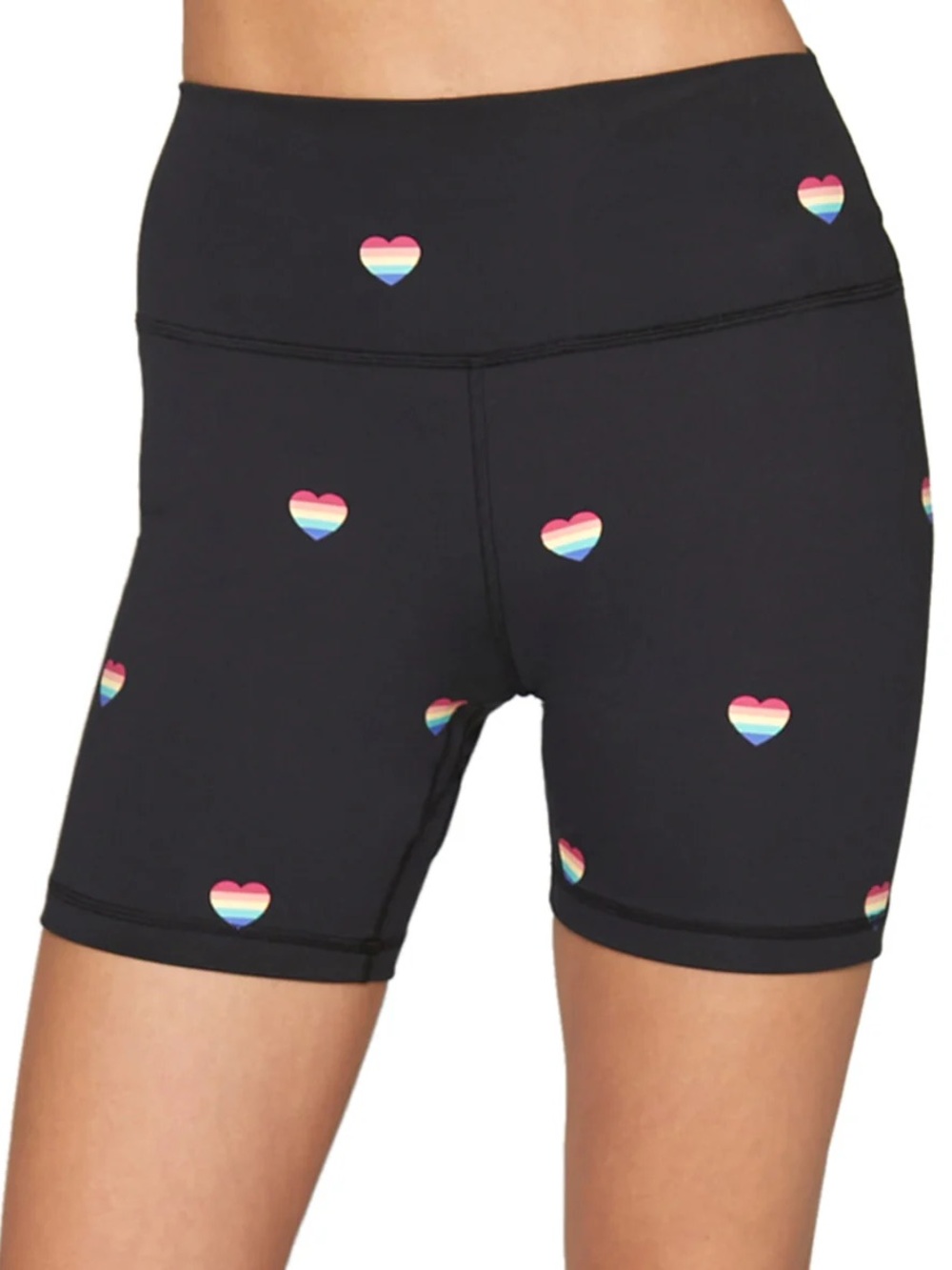 Spiritual Gangster Black High-Waist Bike Shorts with Rainbow Heart Print